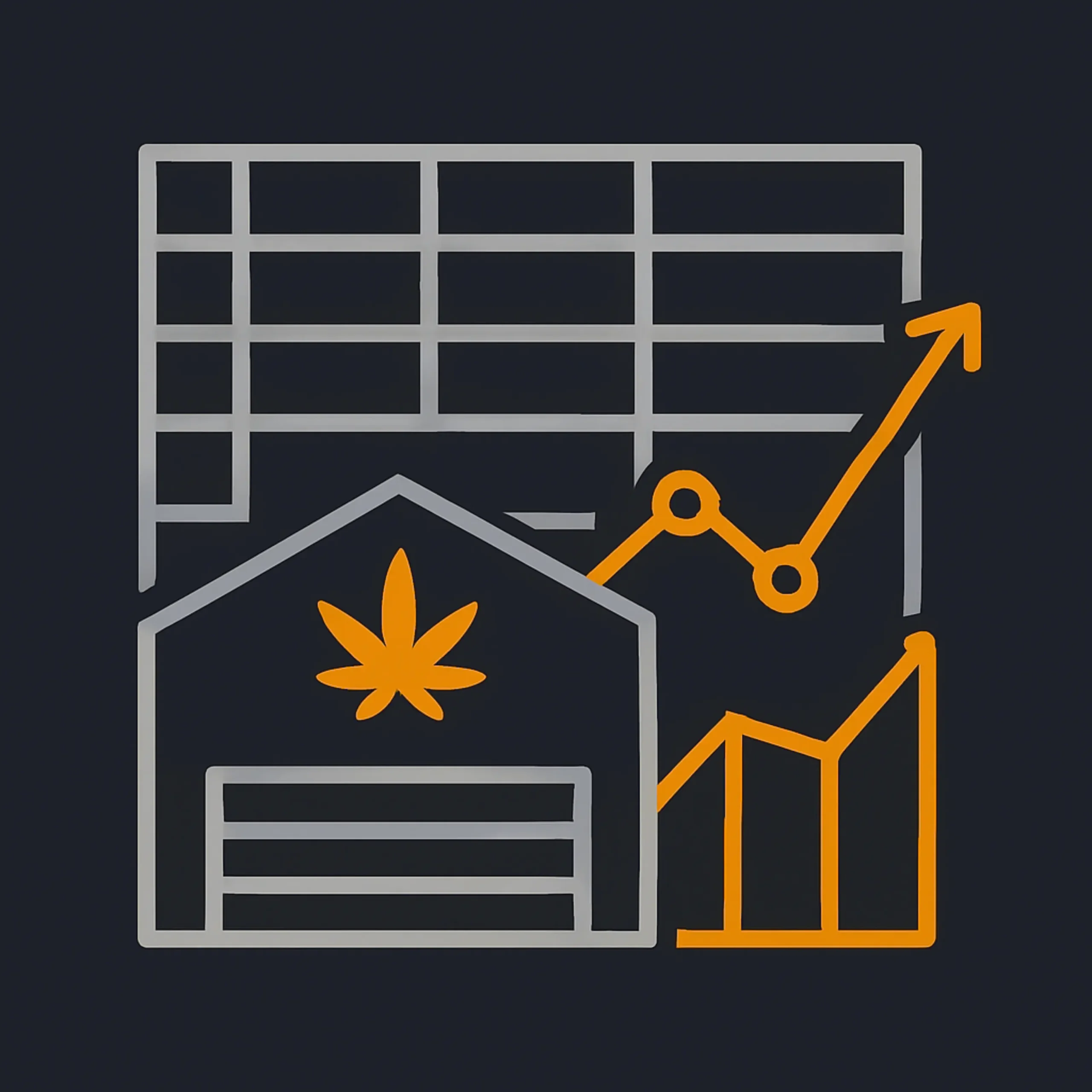 1:1 square vector icon, dark charcoal background. A simple map outline with a large location pin placed on a cannabis facility footprint, with faint gridlines to suggest zoning. Teal and light teal accents, white line art, flat modern style, no text.